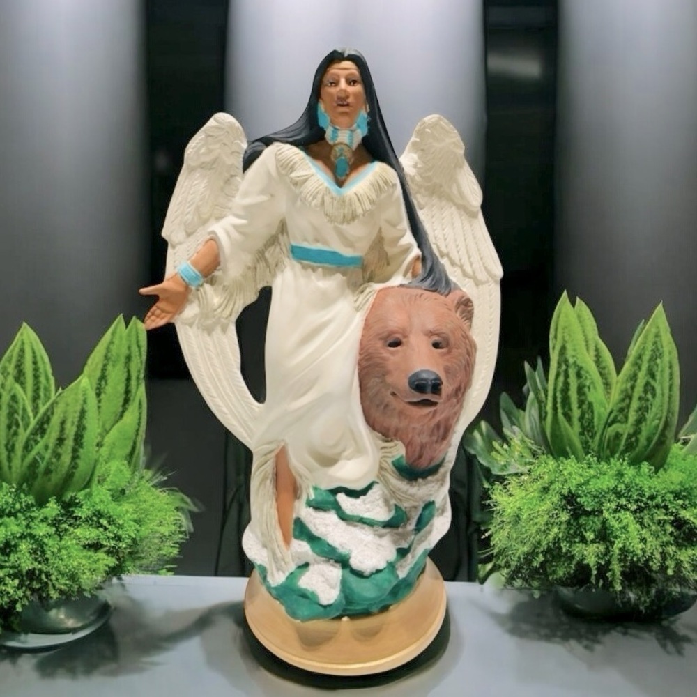 VTG Ceramic Bisque Native American Indian Angel with Bear 13” Tall x 9” Wide